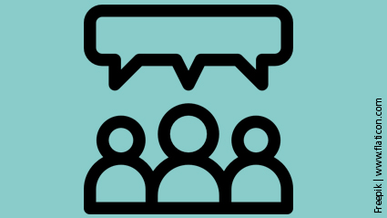 Icon mit drei Figuren und einer Sprechblase