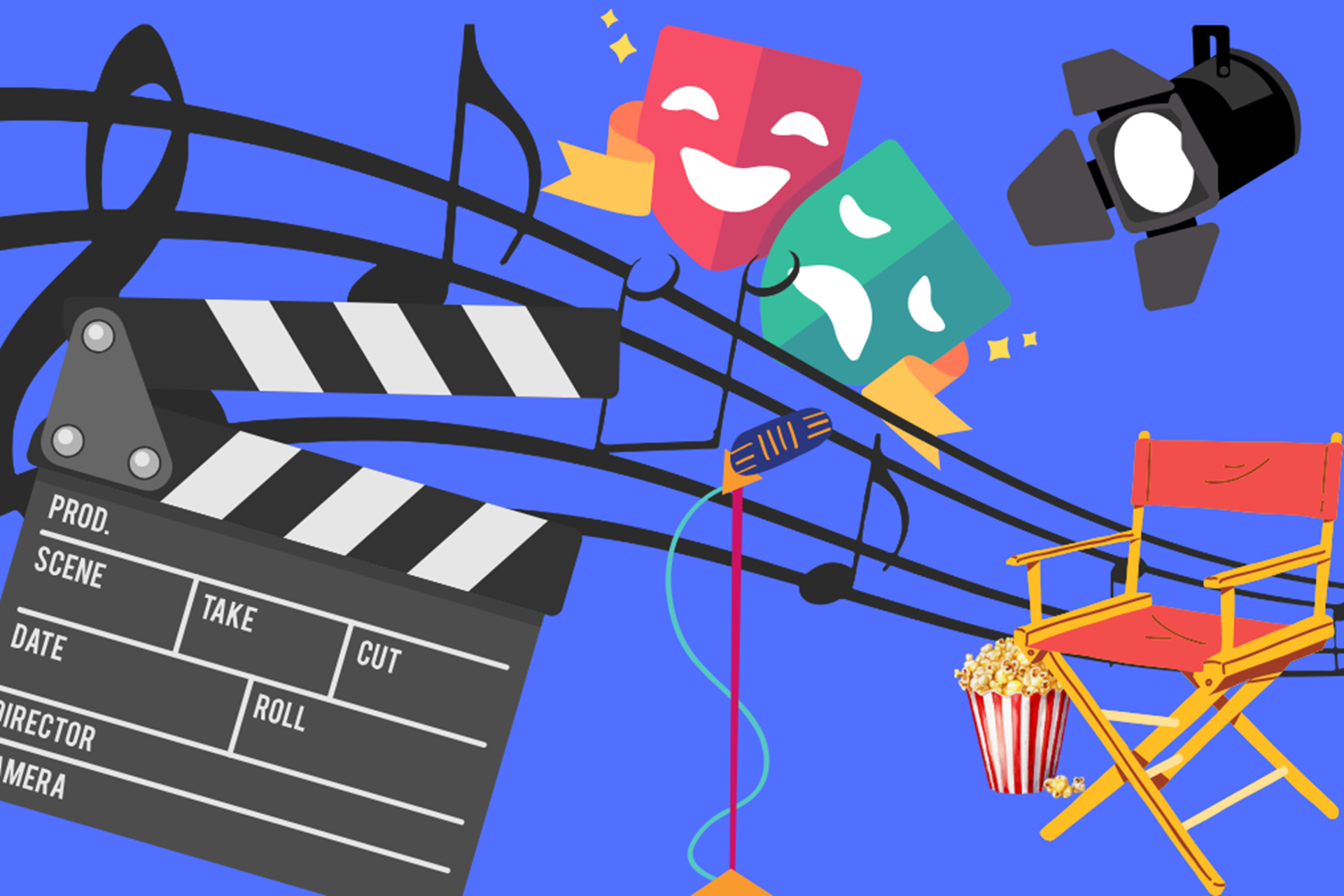 Illustration zum Thema Film und Medienproduktion: Eine Filmklappe vor geschwungenen Notenlinien, darüber Theatermasken für Komödie und Tragödie. Daneben ein Mikrofon, ein Studioscheinwerfer sowie ein Regiestuhl mit Popcorn vor blauem Hintergrund.