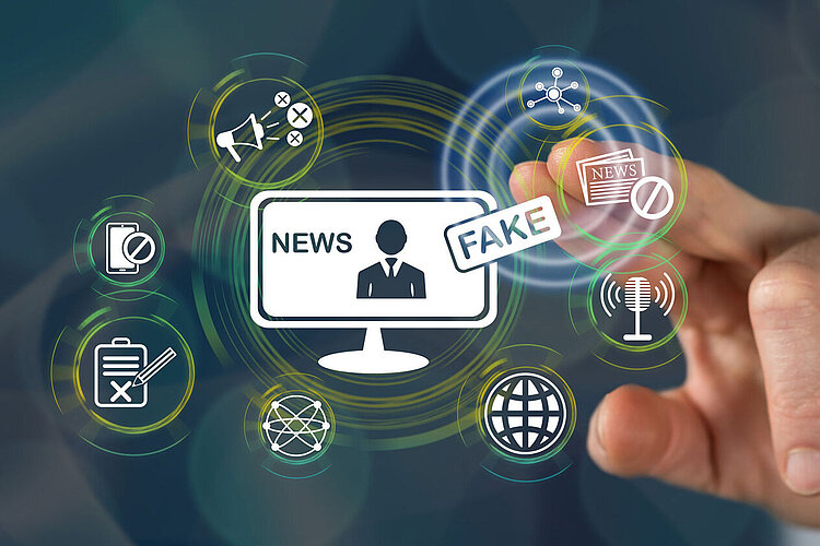 Man touching a fake news concept
