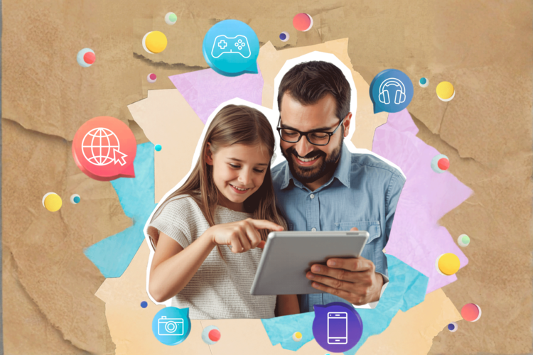 Ein Mann und ein Mädchen lächeln, während sie auf ein Tablet blicken, umgeben von bunten Symbolen für Internet, Spiele, Musik, Fotografie und Nachrichten, vor einem strukturierten Hintergrund im Collagenstil.
