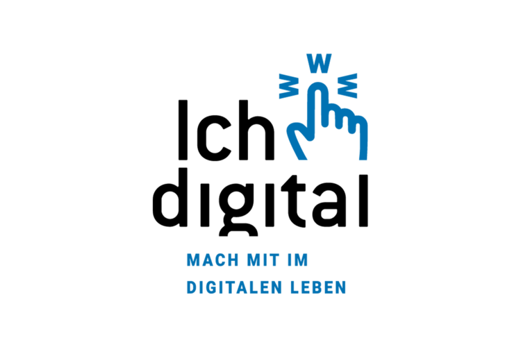 Logo "Ich digital" - schwarzer Text "Ich digital", darüber klickt eine blaue Hand auf ein "W". Darunter steht in blauer Schrift "MACH MIT IM DIGITALEN LEBEN".