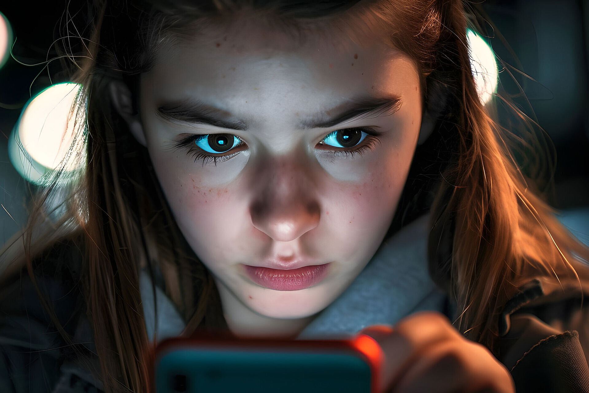 Ein Mädchen schaut nachts konzentriert auf den Bildschirm eines Smartphones, ihr Gesicht wird vom Lichtschein erhellt. Der mit Bokeh-Lichtern verschwommene Hintergrund erzeugt ein sanftes, atmosphärisches Gefühl.