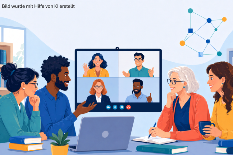 Bild wurde mit Hilfe von KI erstellt. Eine bunt gemischte Gruppe von Menschen sitzt mit Laptops und Notebooks um einen Tisch herum und führt Videokonferenzen mit anderen durch, die auf einem Bildschirm angezeigt werden. Regale und eine Grafik zieren den Hintergrund.