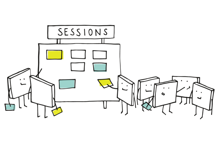 Karikaturquadrate mit Gesichtern kleben Haftnotizen auf eine große Tafel mit der Aufschrift "Sessions". Einige halten Notizen, während andere zusehen oder in der Schlange warten. Die Szene deutet auf eine Sitzung zur Zusammenarbeit oder zum Brainstorming hin.