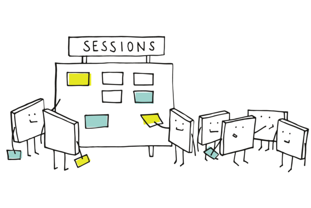Karikaturquadrate mit Gesichtern kleben Haftnotizen auf eine große Tafel mit der Aufschrift "Sessions". Einige halten Notizen, während andere zusehen oder in der Schlange warten. Die Szene deutet auf eine Sitzung zur Zusammenarbeit oder zum Brainstorming hin.