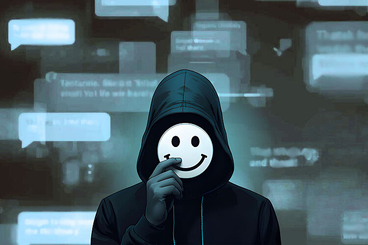 Eine Person in einem dunklen Kapuzenpulli hält sich eine weiße Smiley-Maske vor das Gesicht und steht vor einem verschwommenen Hintergrund digitaler Chat-Nachrichten. Die Szene suggeriert Anonymität und versteckte Identität im Internet.