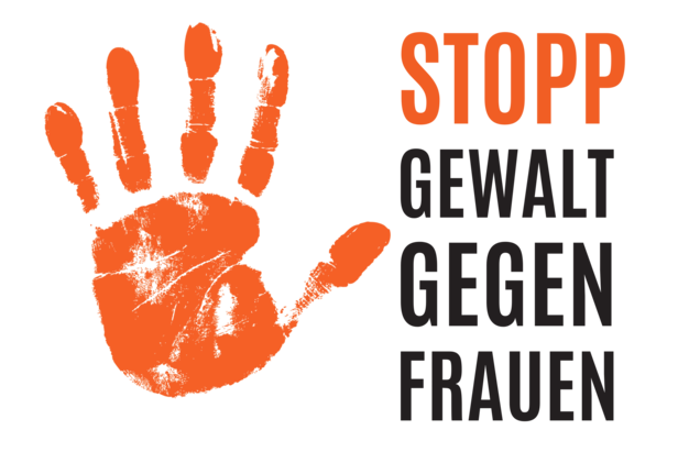 Ein orangefarbener Handabdruck neben dem Text „STOPP GEWALT GEGEN FRAUEN“ auf Deutsch, was übersetzt „Stoppt Gewalt gegen Frauen“ bedeutet. Der Text ist fett und schwarz, mit Ausnahme von „STOPP“, das orangefarben ist.