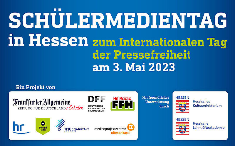 Illustration - Schülermedientag in Hessen zum Internationalen Tag der Pressefreiheit am 3. Mai 2023 - Ein Projekt von F.A.Z., FFH, hr, Medienanstalt Hessen, Medienprojektzentren Offener Kanal Hessen, Deutsches Filminstitut & Filmmuseum, Digitale Helden mit freundlicher Unterstützung durch Hessisches Kultusministerium, Hessische Lehrkräfteakademie