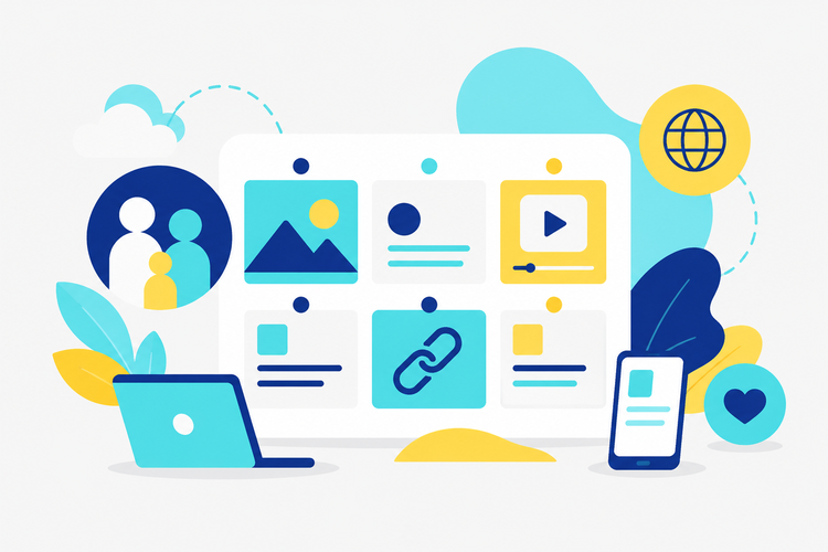 Eine farbenfrohe Illustration eines digitalen Dashboards mit Symbolen für Bilder, Videos, Links, Nutzerprofile, einen Laptop und ein Smartphone, die für Online-Inhalte und Vernetzung stehen.