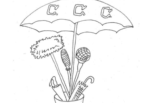Zeichnung Regenschirm mit Wundschutzen und Mikrofonen im MOK-Look.