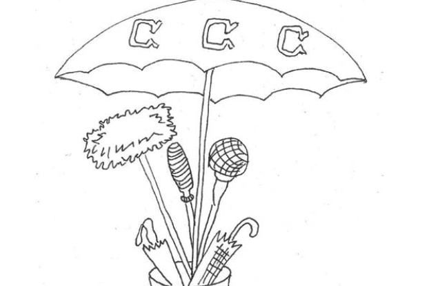 Zeichnung Regenschirm mit Wundschutzen und Mikrofonen im MOK-Look.