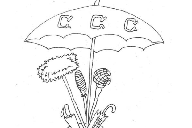 Zeichnung Regenschirm mit Wundschutzen und Mikrofonen im MOK-Look.
