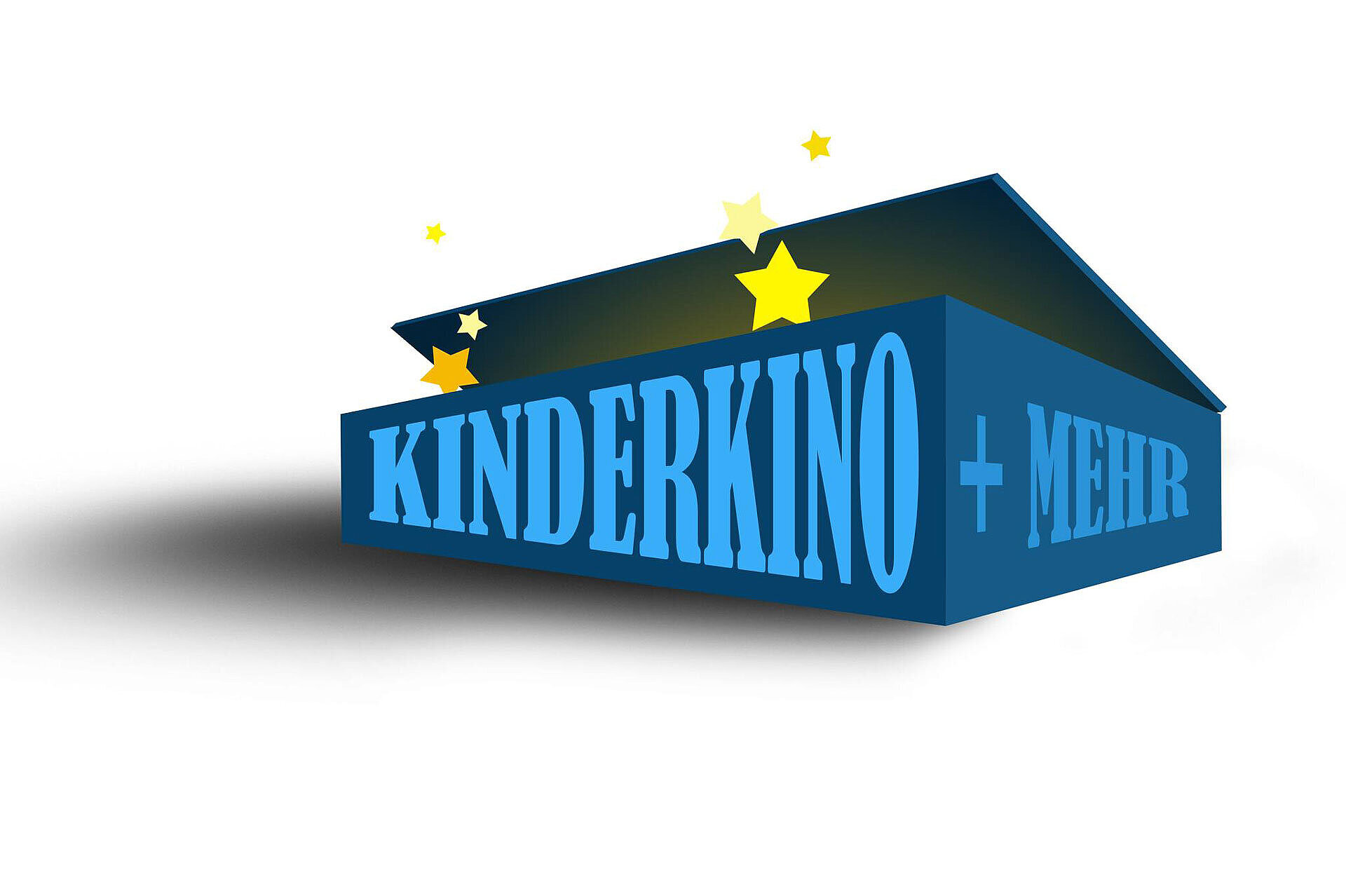 Logo KinderKino + mehr: Eine blaue Schachtel mit geöffnetem Deckel, gelben Sternen und der Aufschrift "KINDERKINO + MEHR" in großen blauen Buchstaben an der Seite.