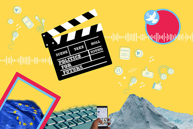 Eine Collage mit einer Filmklappe mit der Aufschrift "Politics for Future", einer blauen EU-Flagge, einer Tastatur, einem verschneiten Berg, Social-Media-Symbolen, einem Mikrofon, Kopfhörern und einem roten Kreis mit einer weißen Friedenstaube, alles auf gelbem Hintergrund.