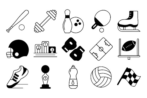 Eine Sammlung von Schwarz-Weiß-Symbolen aus dem Sportbereich, darunter ein Schläger, ein Ball, eine Hantel, Bowling, Tischtennis, ein Skateboard, ein Helm, ein Podium, Handschuhe, ein Spielfeld, ein Torpfosten, ein Schuh, eine Trophäe, eine Flasche, ein Volleyball und eine karierte Flagge.