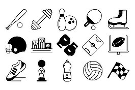 Eine Sammlung von Schwarz-Weiß-Symbolen aus dem Sportbereich, darunter ein Schläger, ein Ball, eine Hantel, Bowling, Tischtennis, ein Skateboard, ein Helm, ein Podium, Handschuhe, ein Spielfeld, ein Torpfosten, ein Schuh, eine Trophäe, eine Flasche, ein Volleyball und eine karierte Flagge.