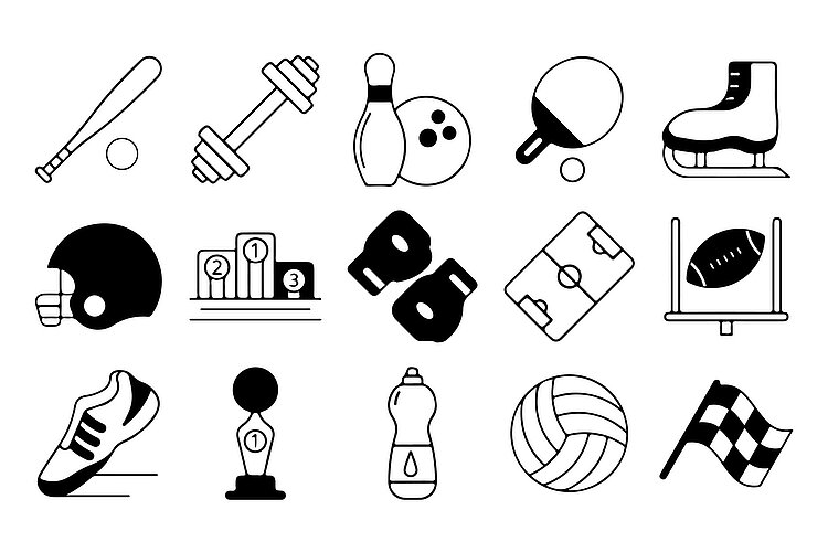 Eine Sammlung von Schwarz-Weiß-Symbolen aus dem Sportbereich, darunter ein Schläger, ein Ball, eine Hantel, Bowling, Tischtennis, ein Skateboard, ein Helm, ein Podium, Handschuhe, ein Spielfeld, ein Torpfosten, ein Schuh, eine Trophäe, eine Flasche, ein Volleyball und eine karierte Flagge.