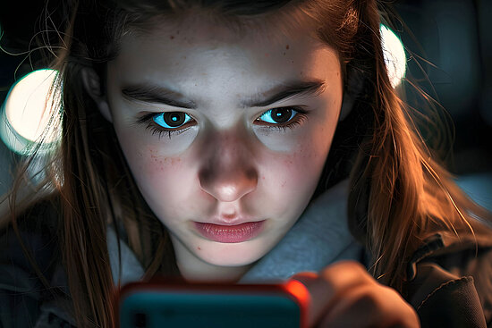 Ein Mädchen schaut nachts konzentriert auf den Bildschirm eines Smartphones, ihr Gesicht wird vom Lichtschein erhellt. Der mit Bokeh-Lichtern verschwommene Hintergrund erzeugt ein sanftes, atmosphärisches Gefühl.