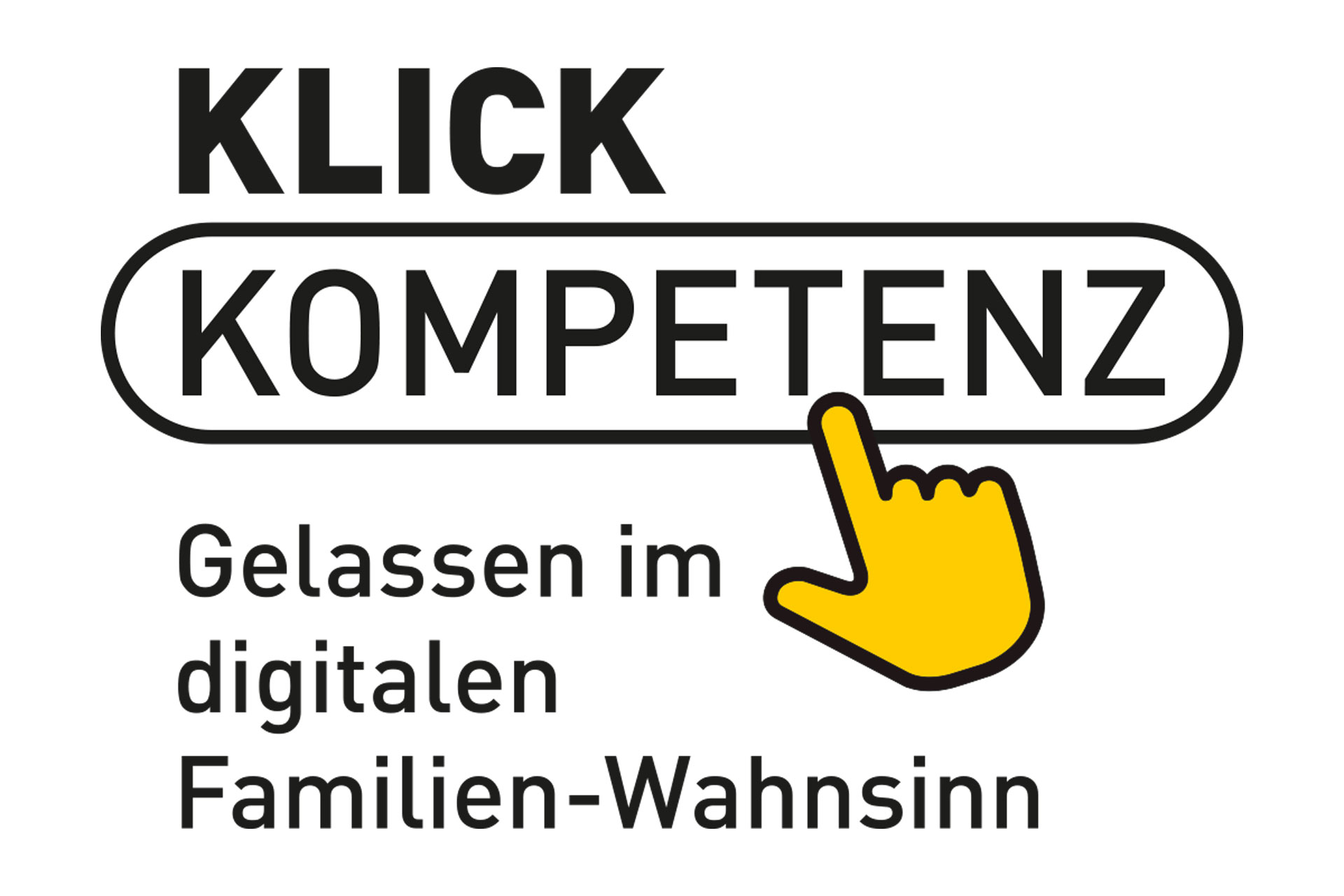 Logo mit dem Text "KLICK KOMPETENZ" und einem gelben Handsymbol, das das Wort "KOMPETENZ" anklickt. Darunter steht: "Gelassen im digitalen Familien-Wahnsinn"